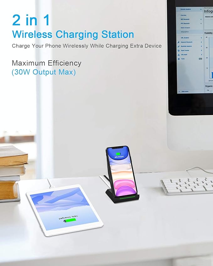 Fast Wireless Charging Stand Equipped with PD 30W Adapter High Speed Universal Charger with Extra USB-A Port Compatible with iPhone 17/16/15/14/13/12/11 for Samsung Galaxy S26/S25/S24/S23/S22