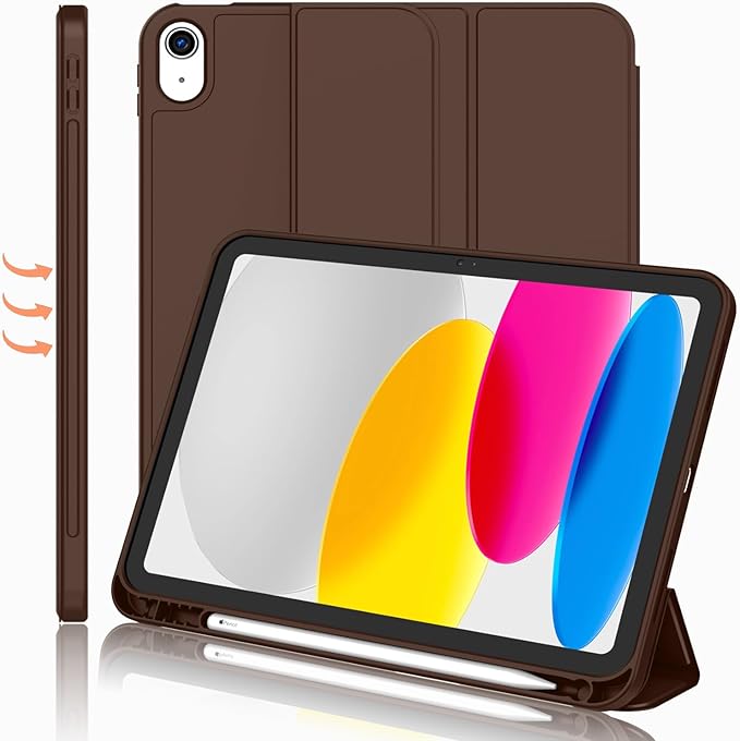 iMieet iPad (A16) Case 11th Gen/iPad 10th Generation Case [11-Inch 2025/10.9 Inch 2022] with Pencil Holder Trifold Stand Smart Cover with Soft TPU BackAuto Wake/Sleep(Chocolate)