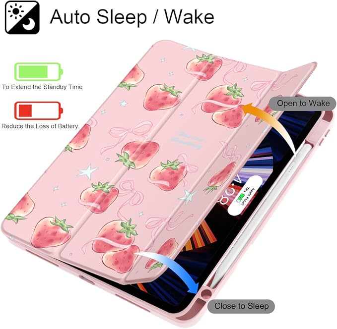 May Chen Case for iPad Pro 11-Inch M5/M4 2025/2024 (6th/5th Generation) Clear Transparent Print Back Shell Slim Stand Shockproof Tablet Cover Auto Wake/Sleep Bow Strawberry