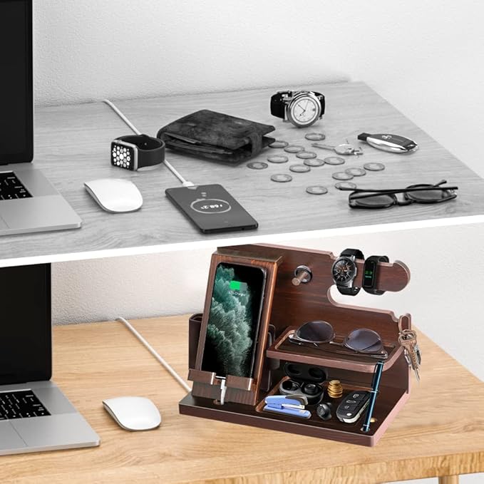 Gifts for Men Wood Phone Docking Station for Mens Gifts for Christmas Husband Anniversary Dad Birthday Gifts for Men or Dad - Nightstand Organizer Purse Father Desk Accessories &amp Workspace Organiz