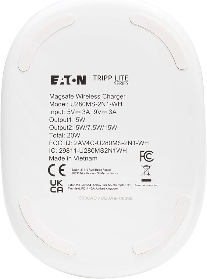 Eaton Tripp Lite Series Wireless Charger Stand 20W Magnetic Charging Stand MagSafe MFi Charging for Apple iPhone &amp AirPods Adjustable Stand 3ft Cable White 1-Year Warranty (U280MS-2N1-WH)