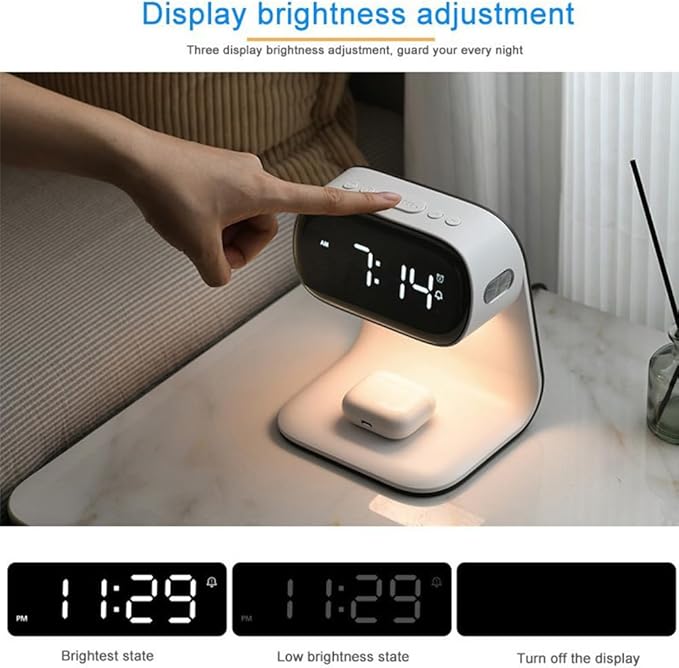 3in1 Multi-Functional Wireless Charging Alarm Clock Smart Night Light Qi Charger LED Digital Clock Adjustable Light 15W Fast Wireless Charging for All Qi Phone and TWS Headphone White