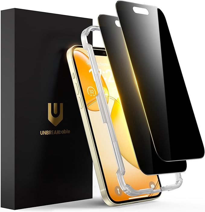 UNBREAKcable Privacy Screen Protector for iPhone 15 Full Coverage Shatterproof Tempered Glass [True 28°Anti Spy] [9H Hardness] [Easy Installation Frame] 2-Pack Private Screen for iPhone 15