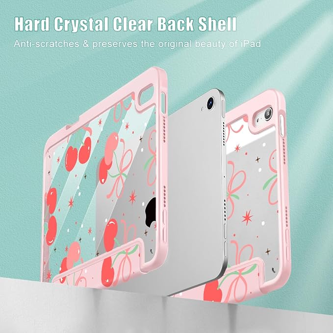 May Chen Slim Case for iPad mini 7 (A17 Pro 7th Generation) 2024 / iPad mini 6 (6th Gen) 8.3 Inch [Built-in Pencil Holder] Shockproof Cover Clear Clear Back Shell Auto Wake/Sleep Coquette Cherry