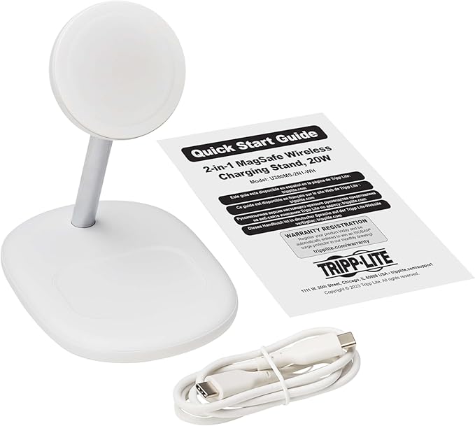 Eaton Tripp Lite Series Wireless Charger Stand 20W Magnetic Charging Stand MagSafe MFi Charging for Apple iPhone &amp AirPods Adjustable Stand 3ft Cable White 1-Year Warranty (U280MS-2N1-WH)