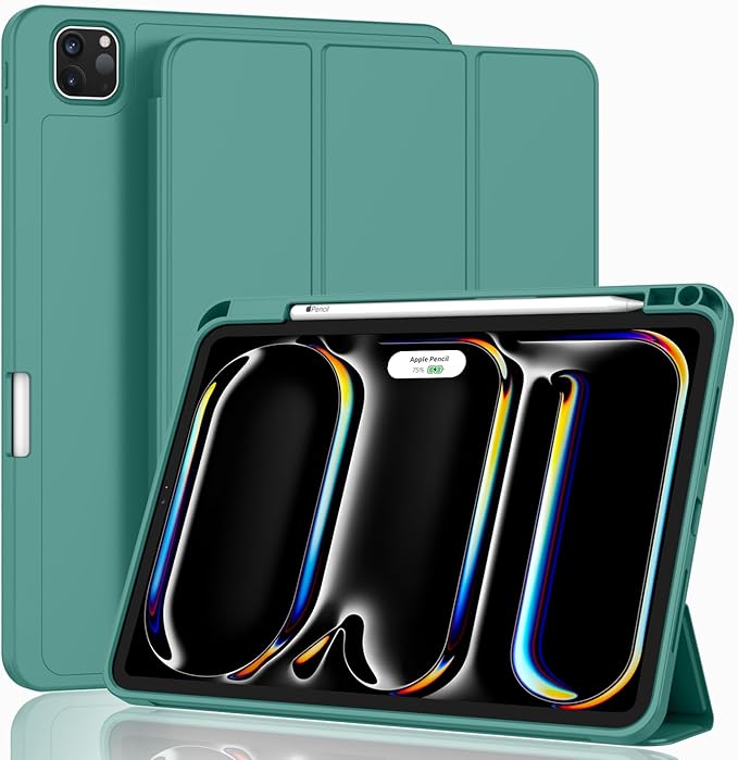 ZryXal iPad Pro 11 Inch Case (M5) 2025/ (M4) 2024 (Model: A2836/A2837/A3006) Trifold Stand Smart Cover with Pencil Holder and Soft TPU Back Auto Wake/Sleep (Forest Green)