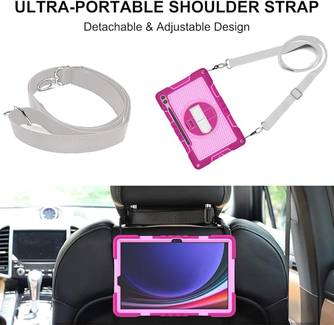 Shockproof Case for Samsung Galaxy Tab S10 Plus/S9+/S9 FE+ 12.4 Tablet Cover with Shoulder+Hand Strap Techcircle Heavy Duty Rotating Kickstand Rugged Defender Case Rose+Pink