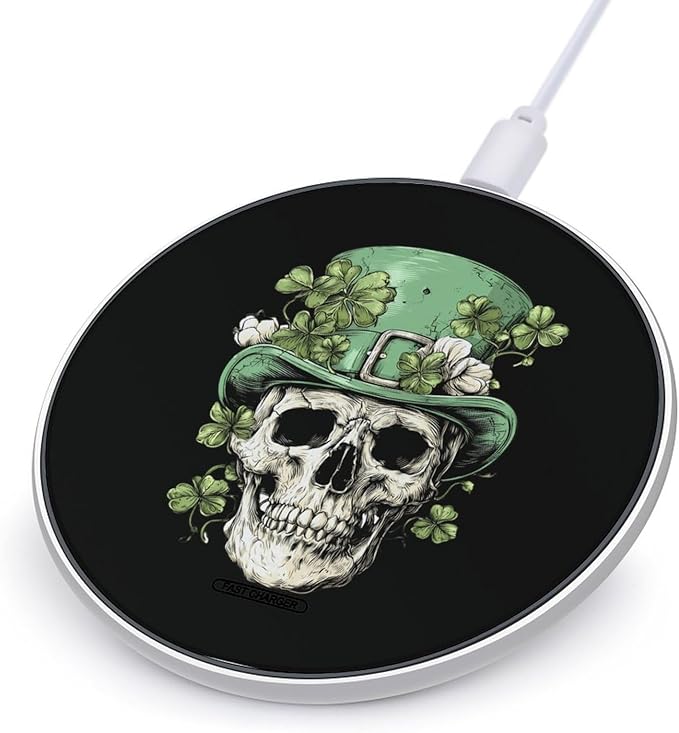 Skull Shamrocks St Day Partick Irish Fast Portable Charger 10W Funny Graphic Phone Charging Pad with USB Cable