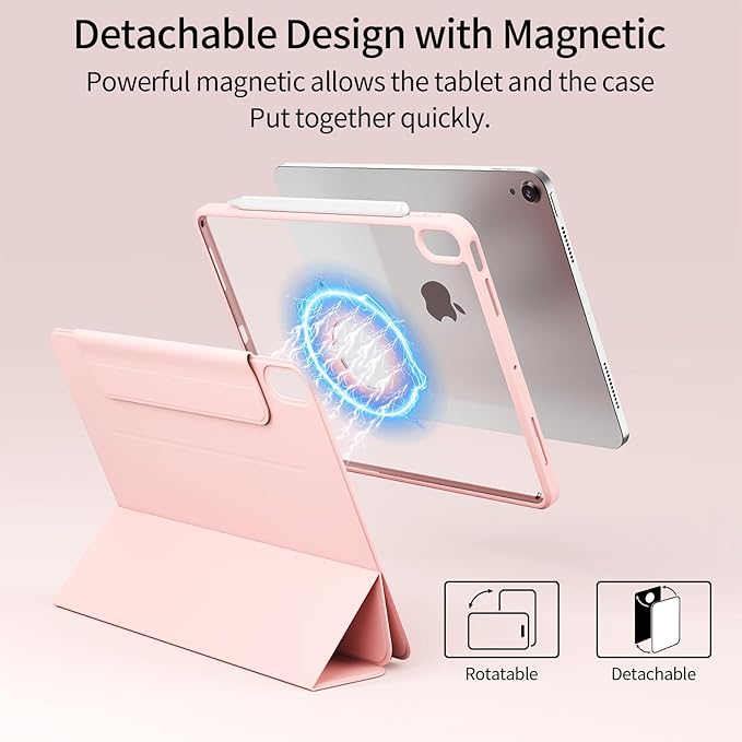 for iPad (A16) 11th Generation 11 Inch 2025/ 10th Generation 10.9 Inch 2022 Hybrid Case with Pencil Holder | Detachable Magnetic Cover | Portrait/Landscape Stand | Clear Hard Back Pink