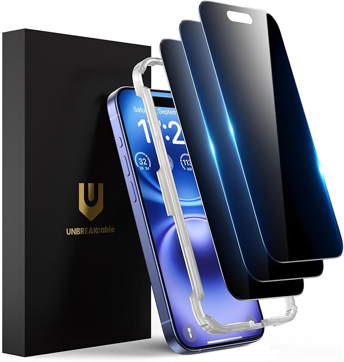 UNBREAKcable Privacy Screen Protector for iPhone 16 (6.1) 25° Anti-Spy Tempered Glass Easy Install Alignment Frame Case-Friendly 9H Hardness Anti-Fingerprint 3-Pack