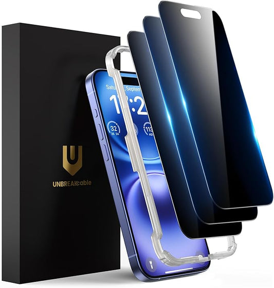 UNBREAKcable Privacy Screen Protector for iPhone 16 (6.1) 25° Anti-Spy Tempered Glass Easy Install Alignment Frame Case-Friendly 9H Hardness Anti-Fingerprint 3-Pack