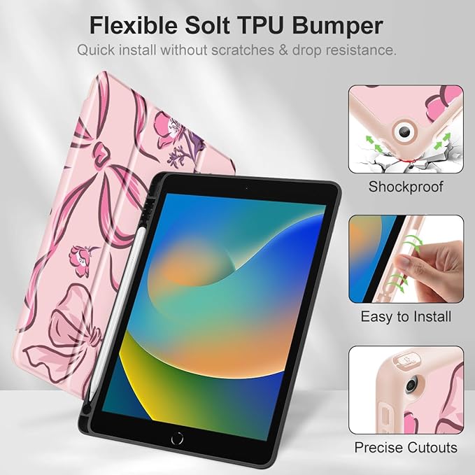 Mektron Designed Printed iPad 10.2 Case 9th Gen (2021)/ 8th Gen (2020)/ 7th Gen (2019) with Pencil Holder Slim Protective Case with Soft TPU Back for iPad 10.2 inch Flowers-Bows-Pink