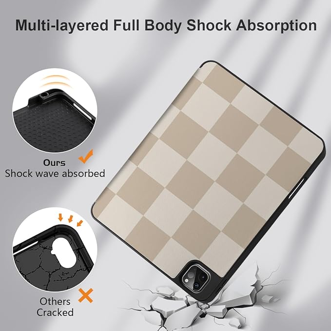 DONGKE Case for 2022/2021/2020/2018 iPad Pro 11 inch Gen 4/3/2/1 - Slim Protective Case - Built in Pencil Holder Support Charging - Trifold Stand &amp Sleep/Wake Cover- Beige Chessboard