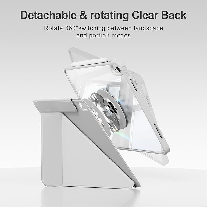 Y-Shaped Detachable Case for iPad (A16) 11th/10th Generation (2025/2022) Clear 360°Rotating Magnetic Back Multi-Stand &amp Shockproof Hybrid Cover for iPad 11/10 Auto Wake/Sleep Gray