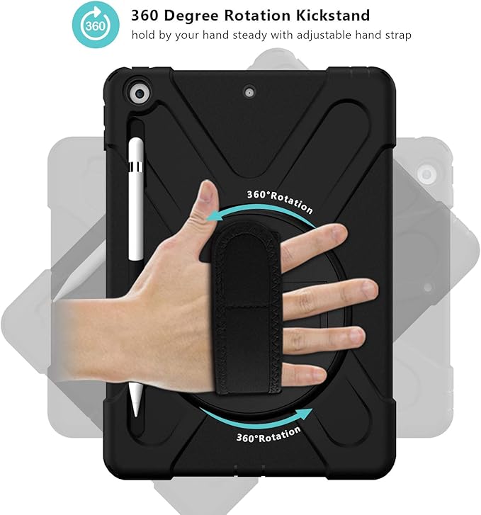 ProCase Rugged Case for iPad 9th/ 8th/ 7th Generation 10.2 (2021/2020/2019) Heavy Duty Shockproof Protective Cover with Strap for iPad 9/8/7 -Black