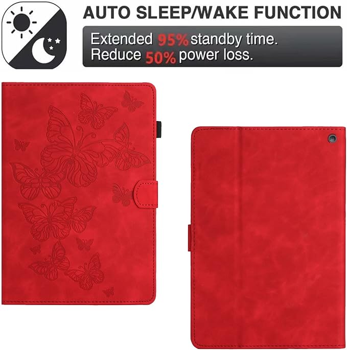 Case for Amazon Kindle Fire HD 8 &amp Fire HD 8 Plus (12th/10th Generation 2024/2022/2020) 8 with Stand/Pencil Holder [Auto Sleep/Wake]UUcovers Embossed Magneic Smart Folio Cover Red Butterfly