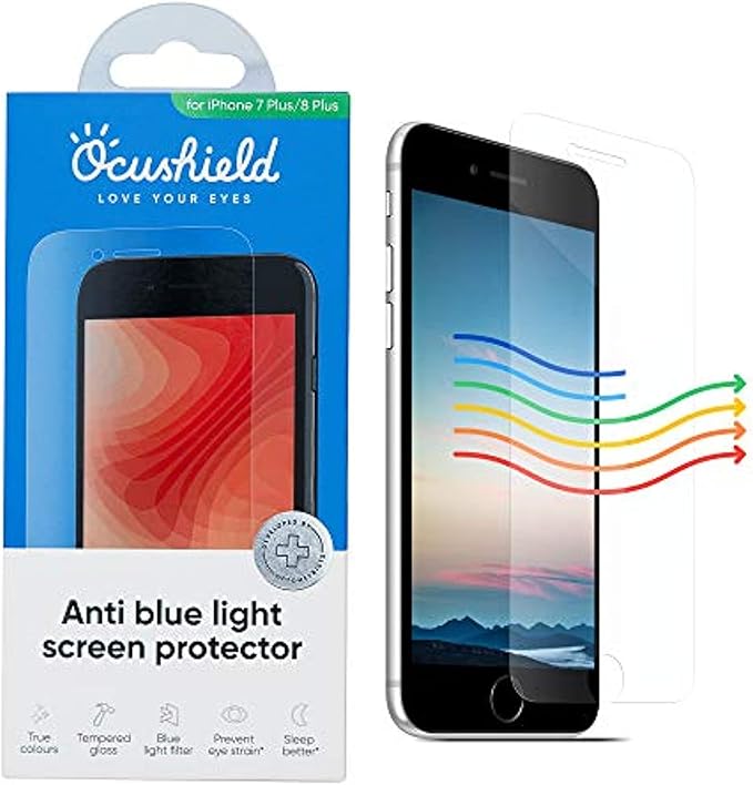 Ocushield Anti Blue Light Tempered Glass Screen Protector for iPhone 7 Plus | iPhone 8 Plus - Protect Your Eyes Reduce Migraines &amp Improve Sleep