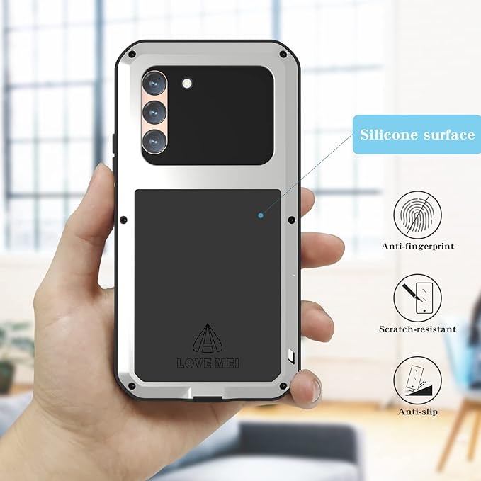 LOVE MEI Military Rugged Case for Samsung Galaxy S22 Plus5G with Tempered Glass Screen Protector Shockproof DustproofHybrid Metal and Silicone Gel Heavy Duty Full Body Cover for S22 Plus Silver