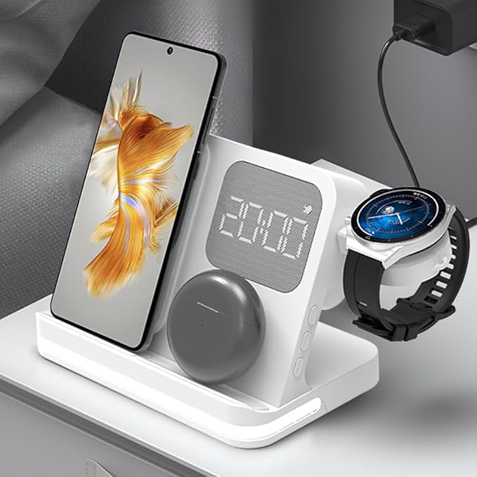 AYI 4in1 Multi Functional Wireless Charging Station with Digital Alarm Clock 15W Fast Charger Night Light Wireless Charger for All Qi Phone and Earbud Headphone Compliant with i-Watch-B22 White