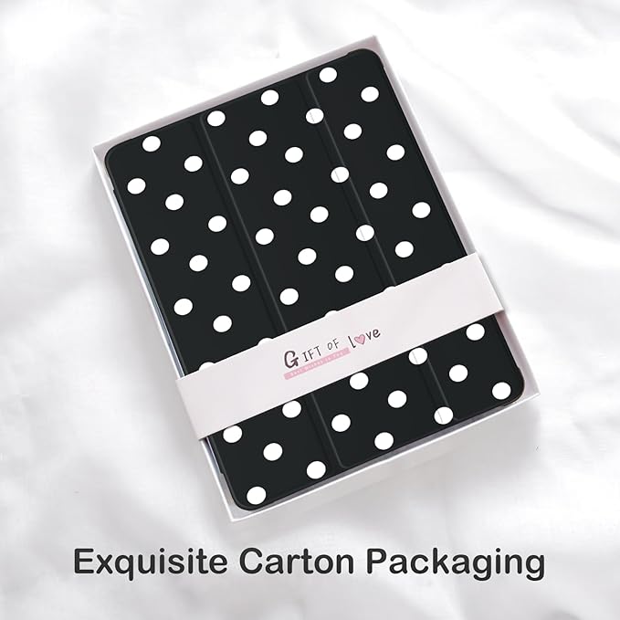 Cute White Polka Dot for iPad Pro 11 Inch Case (M5/M4) 2025/2024 with Pencil Holder Auto Sleep/Wake Black Leather Soft TPU Back Cover