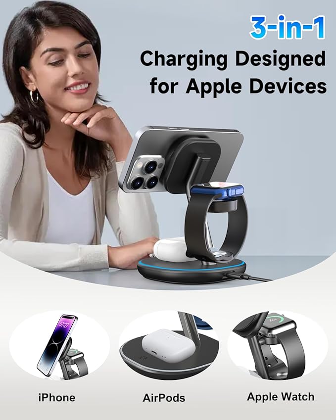 3 in 1 Wireless Charging Station for Apple MagSafe Charger 15W Fast Magnetic Phone Charger with Breathing Light for Magsafe Charger Stand for iPhone 17 16 15 14 13 12 Apple Watch AirPods Gifts