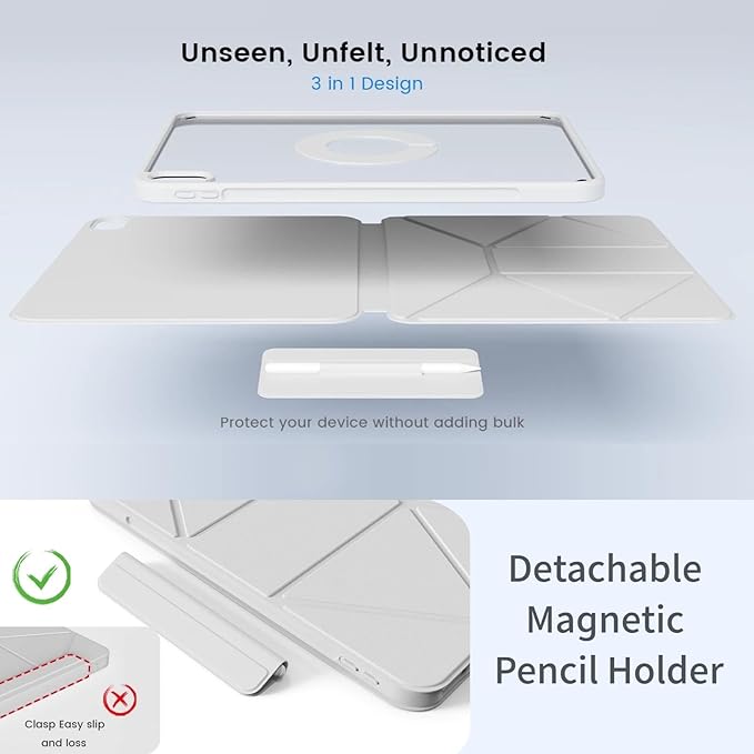 for iPad A16 Case 11th Generation 11 Inch 2025 for iPad 10th Generation Case 10.9 Inch 2022 with Pencil Holder Folio Stand Cover Clear Back Magnetic Attachment Multi Angles Gray