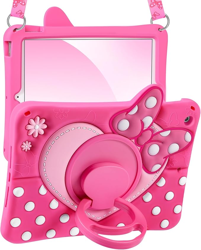 Boaretiu Kids Case for iPad 9th/8th/7th Generation 10.2 Inch 2021/2020/2019 - Cute Girly Cartoon Soft 3D Bow Heart Dot Silicone Case with Strap &amp Rotating Stand Tablet Cover for Girls Teens