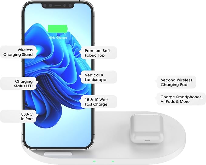 PhoneSuit Novo Dual Wireless Charger Station &amp Dock | Soft Linen Style Fabric | 15 Watt Fast Charge | for iPhone 16/15/14/13/12/X for Samsung S23/S22/S21 &amp More