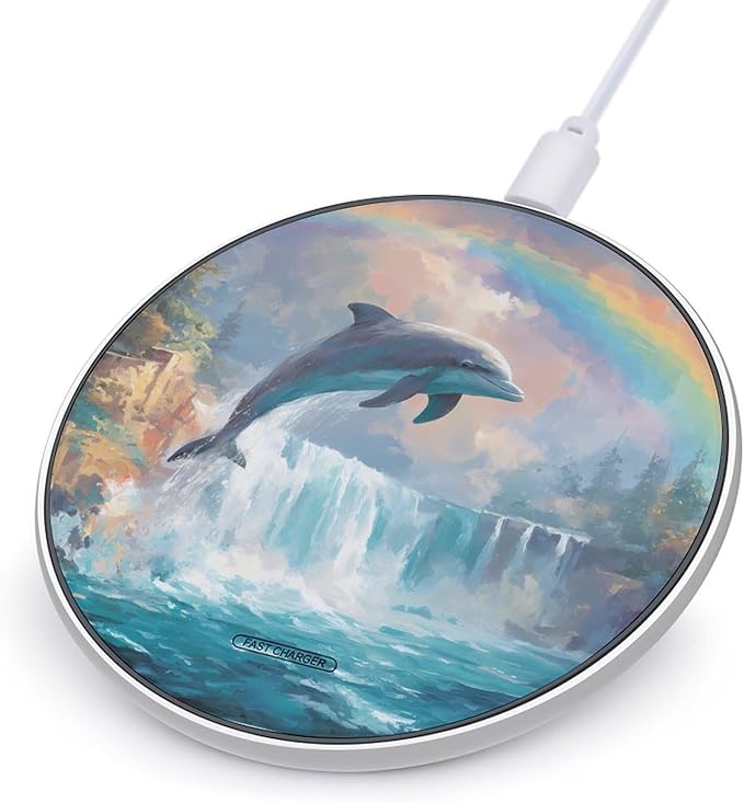 Dolphins Jumping Waterfall Rainbow Fast Portable Charger 10W Funny Graphic Phone Charging Pad with USB Cable