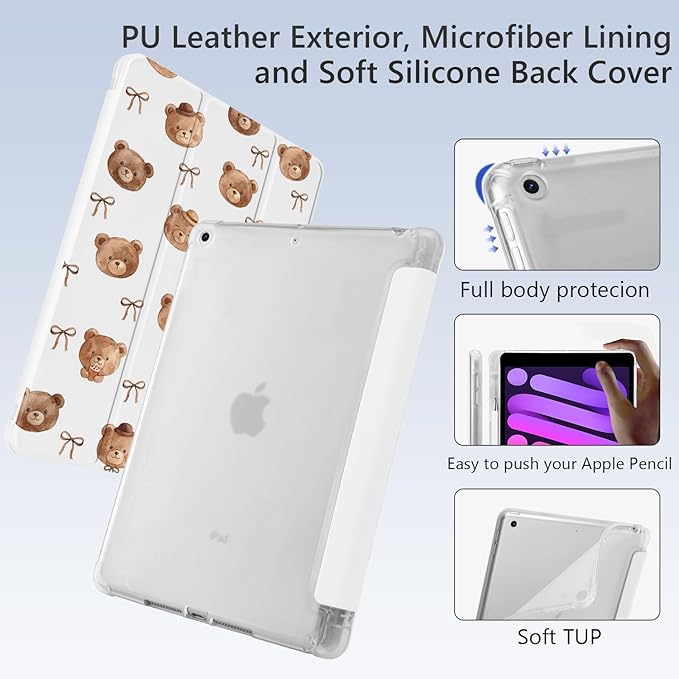 Cute Brown Bow Bear for iPad Air 13 Inch Case M3 2025/M2 2024 with Pencil Holder Auto Sleep/Wake White Leather Soft TPU Back Cover