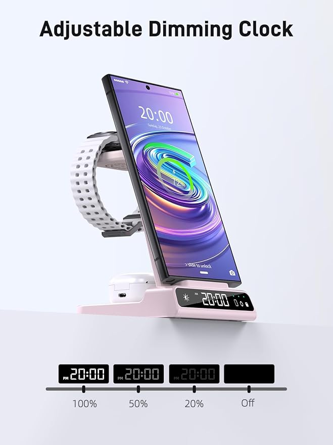 Wireless Charger Samsung Charging Station: 3 in 1 Android Charging Stand with Dimmable Clock - Nightstand Organizer for Galaxy S25 Ultra S24 Galaxy Watch 8 7 6 5 4 Galaxy Buds Space-Saving Charger
