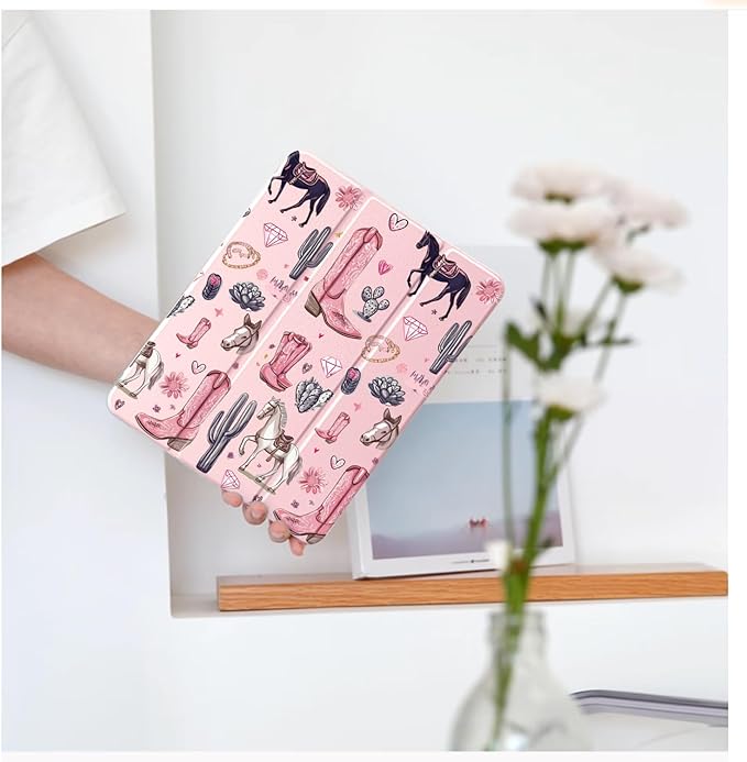 Cute Western Cowboy for iPad mini 7 A17 Pro 2024/iPad Mini 6 Case with Pencil Holder Auto Sleep/Wake Pink Leather Clear Acrylic Back Cover