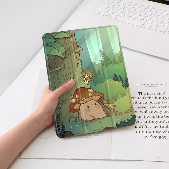 JOYLAND Cute Mushroom Pad Case Compatible with iPad Pro 11 Inch M4(2024) 5th Generation with Pencil Holder Auto Wake/Sleep Protective Case Black TPU Back Trifold Stand Smart Case