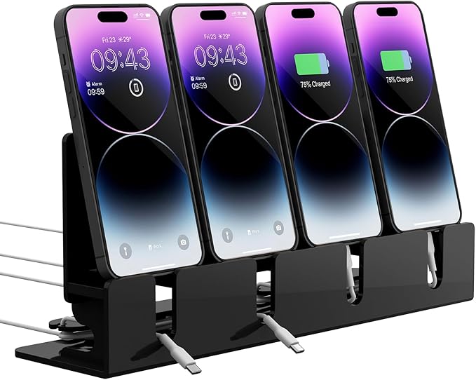 Cell Phone Stand Multiple Phone Holder Organizer Stand for 4 Phones Acrylic Desktop Mobile Phone Docking Station Charging Holder (Black)