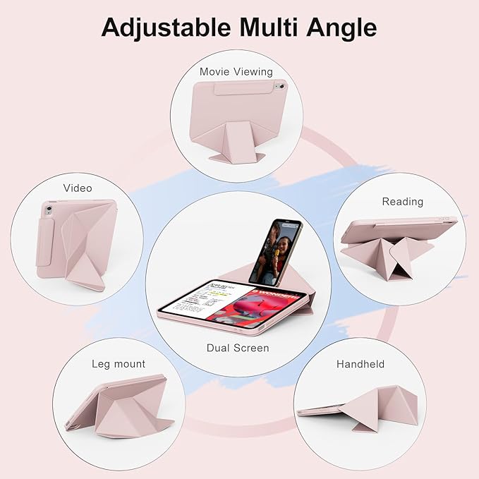 for iPad A16 Case 11th Generation 11 Inch 2025 for iPad 10th Generation Case 10.9 Inch 2022 with Pencil Holder Folio Stand Cover Clear Back Magnetic Attachment Multi Angles Pink