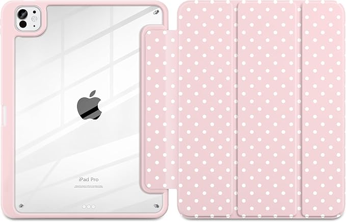 Case for iPad Pro 11 Inch (M5 2025 M4 2024) – [Built-in Pencil Holder] Shockproof &amp Stylish Clear Hard Back + Soft TPU Edge Magnetic Trifold Stand Auto Wake/Sleep Pink White dot