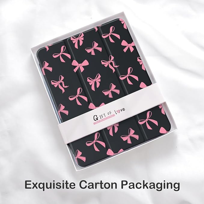 Cute Pink Bow for iPad Air 11 Inch Case 7th/6th Generation (M3/M2) 2025/2024 with Pencil Holder Auto Sleep/Wake Black Leather Clear Acrylic Back Cover