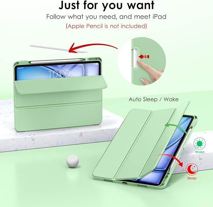 DTTO for iPad Air 13 Inch Case M4/M3/M2 2026/2025/2024 iPad Pro 12.9 Inch Case (6th/5th/4th/3rd Gen) Smart Slim Trifold Stand Soft Cover with Pencil Holder Matcha Green