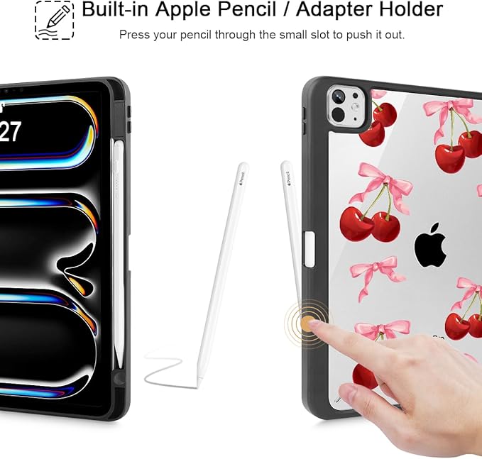 May Chen Case for iPad Pro 11-Inch M5/M4 2025/2024 (6th/5th Generation) [Penceil Holder] Trifold Stand Auto Wake/Sleep Clear TPU Protection Back Cover Cherry &amp Cheetah