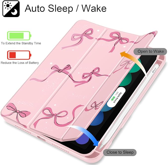 May Chen Slim Case for iPad mini 7 (A17 Pro 7th Generation) 2024 / iPad mini 6 (6th Gen) 8.3 Inch [Built-in Pencil Holder] Shockproof Cover Clear Clear Back Shell Auto Wake/Sleep Pink Stars Bow