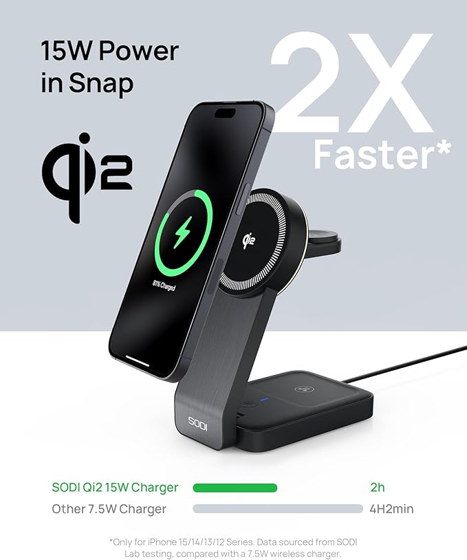 SODI Qi2 3-in-1 Foldable Wireless Charging Station with Night Light Fast 15W Portable Travel Charger Stand Nightstand Charger for iPhone/Android/Apple Watch/AirPods(W79-2)
