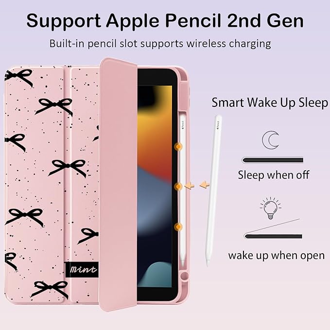 Cute Black Bow for iPad Air 13 Inch Case M3 2025/M2 2024 with Pencil Holder Auto Sleep/Wake Pink Leather Clear Acrylic Back Cover