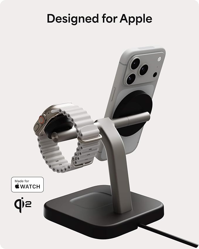 Mophie 3-in-1 Wireless Charging Stand - Qi2-Certified MagSafe Charger for iPhone Apple Watch &amp AirPods – Fast Charging Station with Adjustable Phone Stand &amp Cable Management – Up to 15W Powe