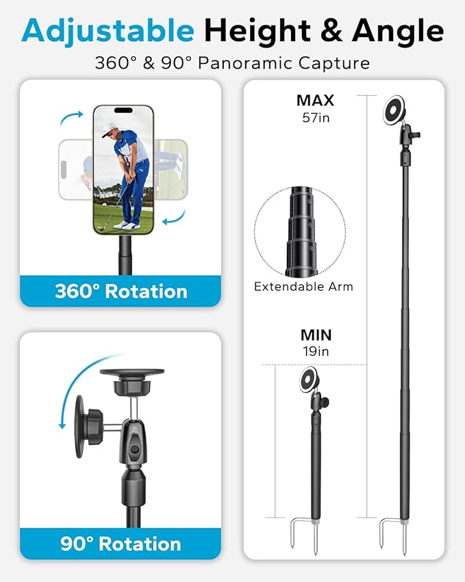 GDZN 57 Extendable Golf Monopod Selfie Stick - Magnetic Phone Holder for Golf Swing Training Golf Tripod with Stake Spike for Putting Recording and Training Aid Compatible MagSafe iPhone 17 16 15