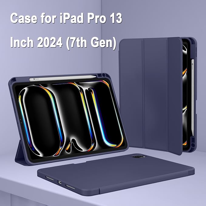 ZryXal New iPad Pro 13 Inch Case (M5) 2025 / (M4) 2024 with Pencil Holder Smart iPad Case [Support Pencil Pro and Pencil (USB-C)] Support Touch ID and Auto Wake/Sleep (New Dark Blue)