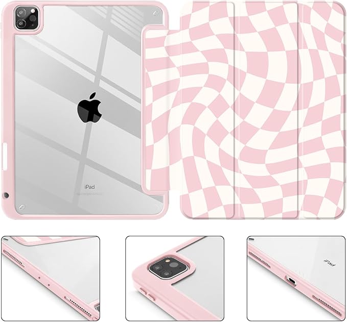 Mektron Case for iPad Pro 11 inch Case M2 2022 Generation 4th Fit 2021 2020 2018 iPad Pro 11 (3rd 2nd &amp 1st Gen) -Buit in Pencil Holder with Shockproof Cover Clear Shell Wave Striped-Pink