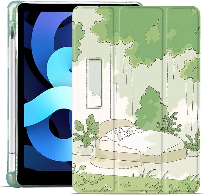MAYCARI Cartoon Rabbit Dog Case for iPad 10.2 inch 2021/2020/2019 with Pencil Holder Cute for iPad 9th/8th/7th Generation Protective Case with Soft TPU Green Auto Sleep/Wake Cover Slim Shell