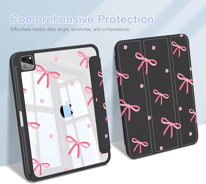 Teryeefi for iPad Air 11-Inch Case M3 (2025) / M2 (2024) iPad Air 4th/5th 10.9 Inch iPad Pro 11 4th/3rd/2nd/1st Generation - Clear Back Cover with Pencil Holder Auto Wake/Sleep (Black Bows)