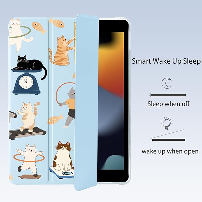 Cute Kawaii Kitten Cat for iPad 7th/8th/9th Generation Case with Pencil Holder Auto Sleep/Wake Blue Leather Soft TPU Back Cover for iPad 10.2 Inch 2019/2020/2021