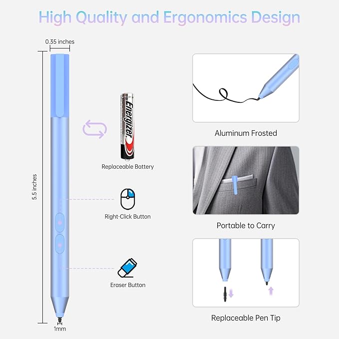 Pen for Surface Pro 11 2500 Working Hour 1024 Pressure Eraser &amp Right-Click Palm Rejection for Surface Pro 11/10/9/8/X/7+/7/6/5/4/3 Surface Go 1-4 Surface Laptop/Studio/Book 1-5 Kobo eReade